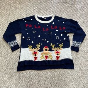 It's Our Time Ugly Christmas Sweater Women’s 1X Blue Reindeer Caroling Holidays